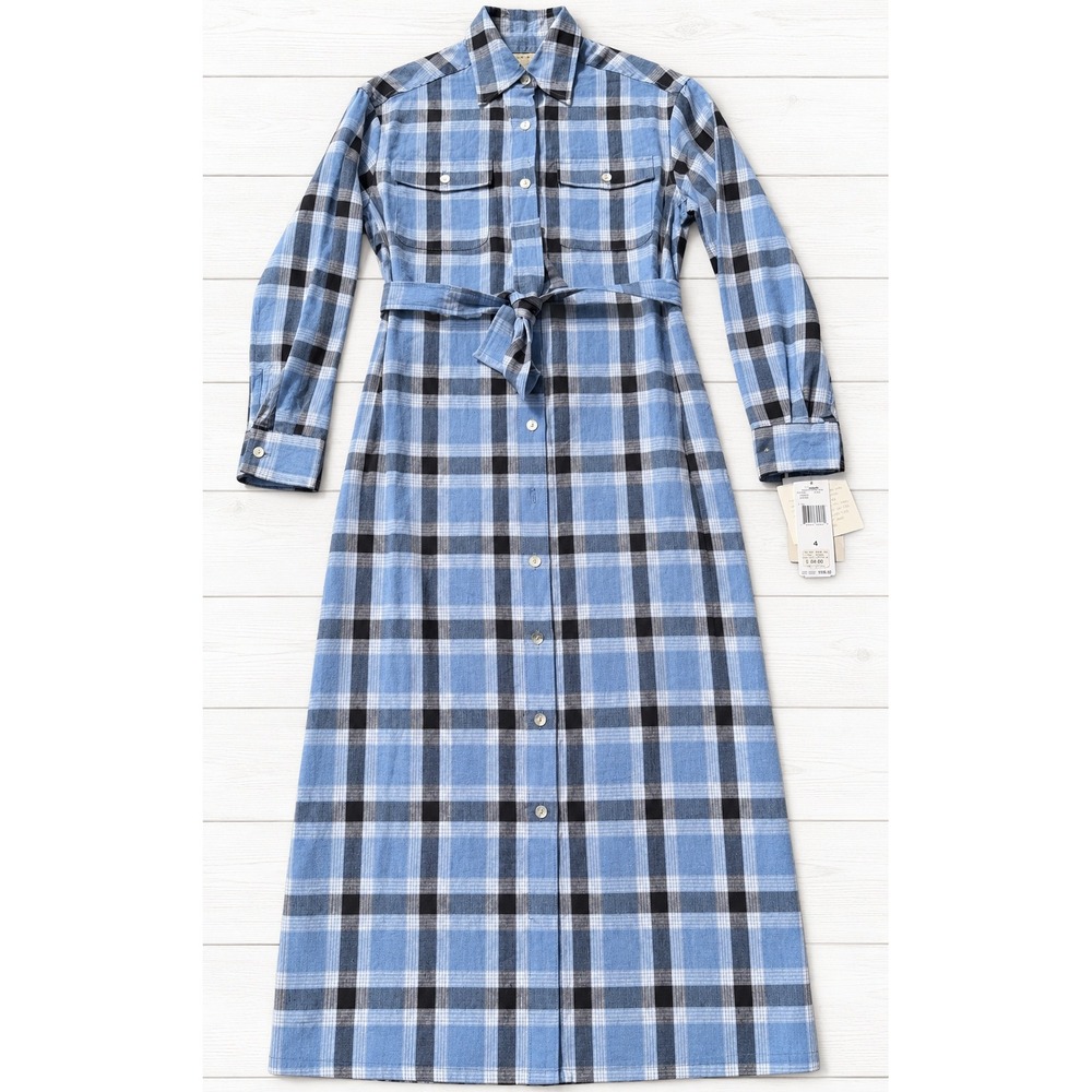 Jones New York Country Blue Plaid Linen Maxi Shirt Dress Cottagecore Size 4 NWT